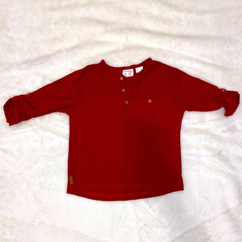 ZARA Boys Cotton Button Chest Front Pocket Rolled Up 3/4 Sleeve Red Shirt 2T-3T